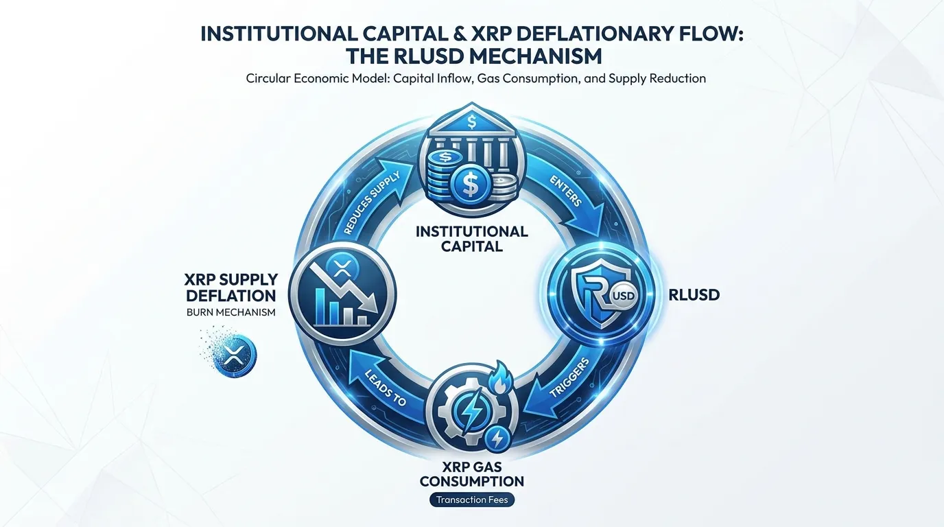 A circular flow diagram showing Institutional Capital entering RLUSD, triggering XRP gas consumption, and resulting in XRP supply deflation via the burn mechanism. Blue and silver aesthetic.