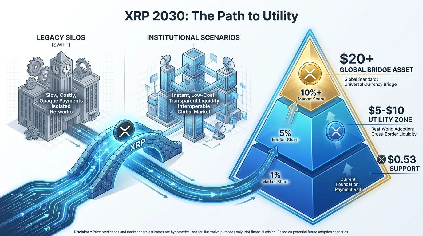 A high-definition, professional infographic titled "XRP 2030: The Path to Utility." Left side shows the "Legacy Silos" (SWIFT) being bridged by glowing blue digital streams (XRP) into "Institutional Scenarios." Use a clean three-tiered pyramid: the base is the $0.53 support, the middle is the $5-$10 "Utility Zone," and the gold-glowing apex is the $20+ "Global Bridge Asset." Data labels show market share percentages (1%, 5%, 10%).
