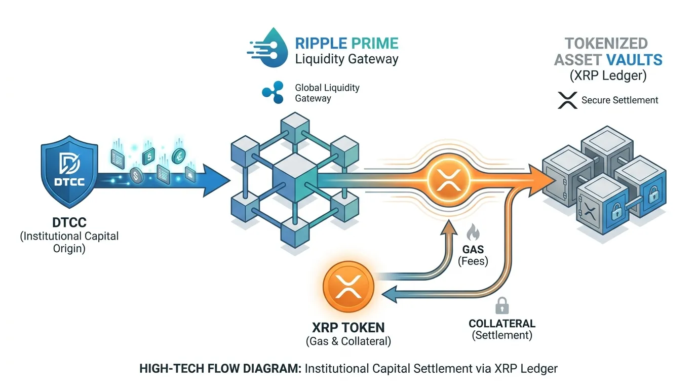 A high-tech flow diagram showing institutional capital originating from the DTCC, passing through the Ripple Prime liquidity gateway, and settling into tokenized asset vaults on the XRP Ledger. The XRP token is highlighted as the "gas" and "collateral" powering the transfer.
