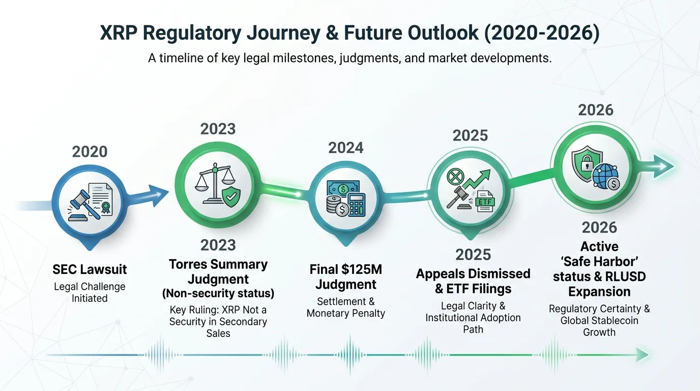 Horizontal timeline from 2020 to 2026. 2020: SEC Lawsuit; 2023: Torres Summary Judgment (Non-security status); 2024: Final $125M Judgment; 2025: Appeals Dismissed & ETF Filings; 2026: Active "Safe Harbor" status & RLUSD Expansion.
