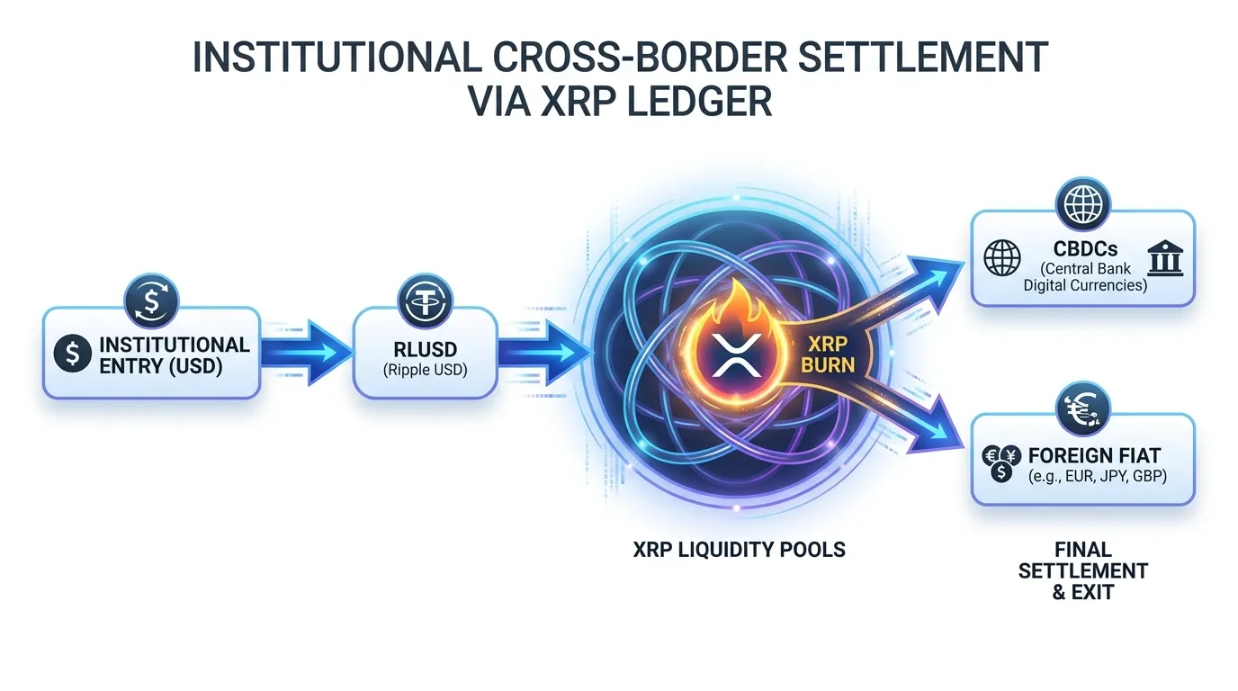 A clean, professional flowchart showing "Institutional Entry (USD)" converting to "RLUSD," then utilizing "XRP Liquidity Pools" for bridge settlement, and finally exiting via "CBDCs/Foreign Fiat" on the XRP Ledger. Include glowing nodes representing the "XRP Burn" at the center of the transaction.