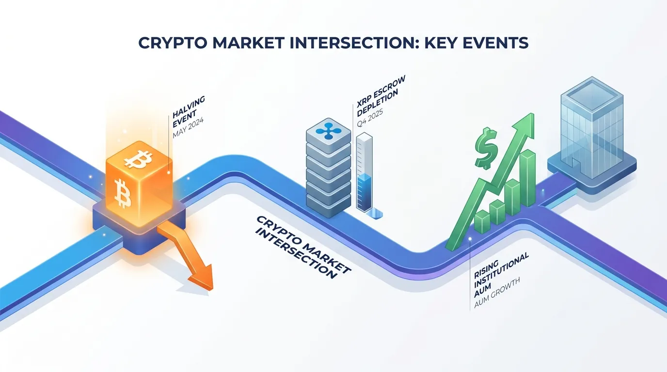 A 3D isometric timeline showing the intersection of Bitcoin Halving dates, XRP Escrow depletion bars, and rising institutional AUM icons.