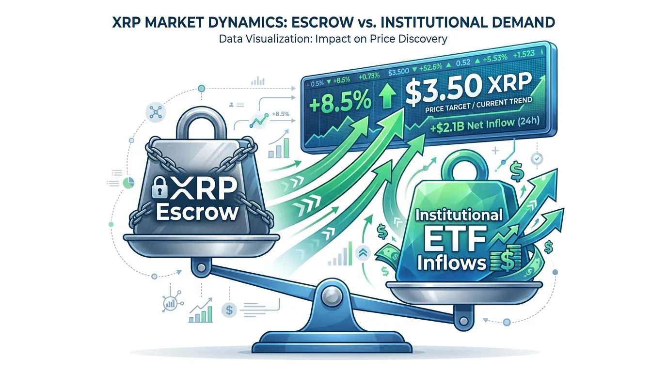 A scale balancing a large "XRP Escrow" weight on one side against a larger "Institutional ETF Inflows" weight on the other, with green arrows pointing upward toward a price ticker.