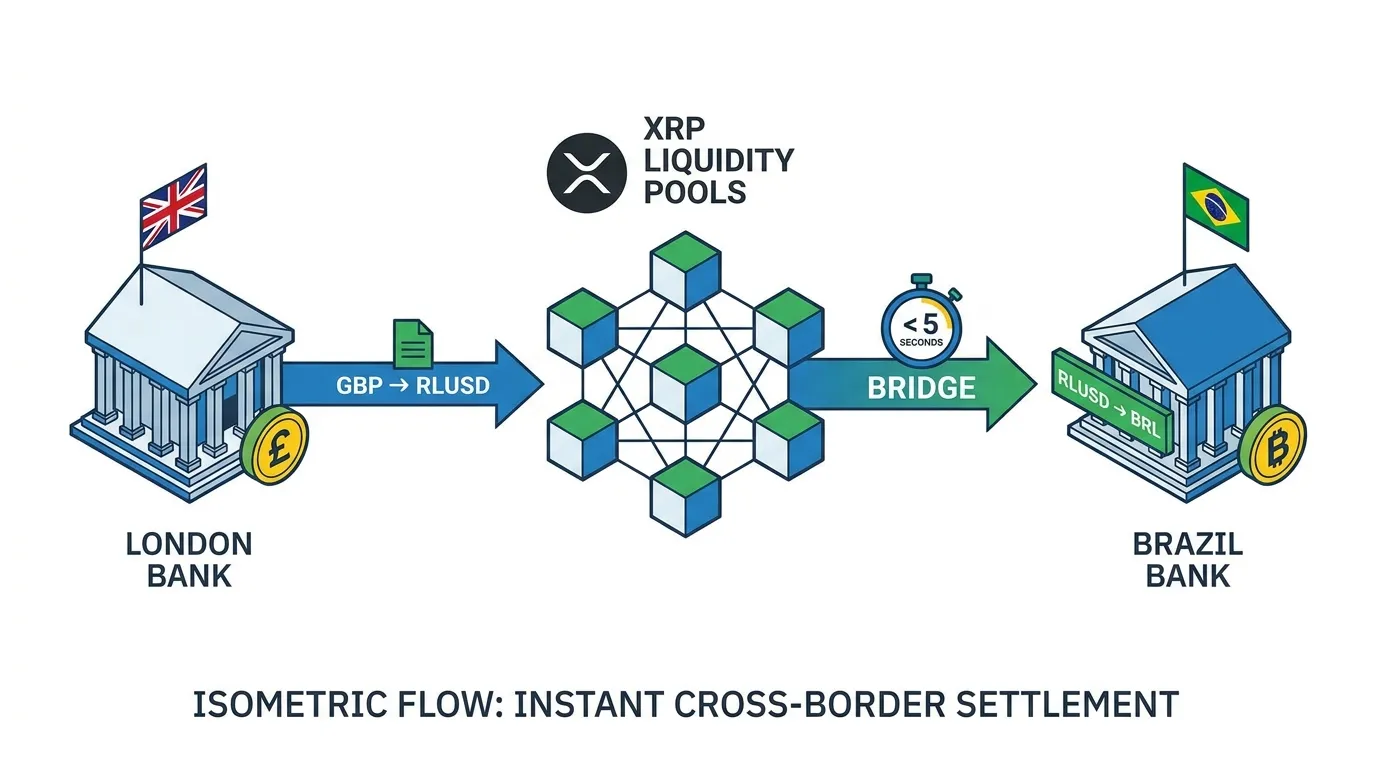 Isometric flow chart showing a bank in London converting GBP to RLUSD, bridging through XRP liquidity pools, and settling as BRL in Brazil within 5 seconds.