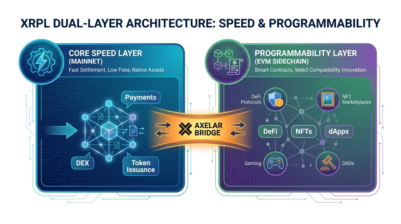 Schematic of the XRPL dual-layer architecture: a core "Speed Layer" (Mainnet) connected via Axelar bridge to a "Programmability Layer" (EVM Sidechain) where DeFi and NFTs reside.