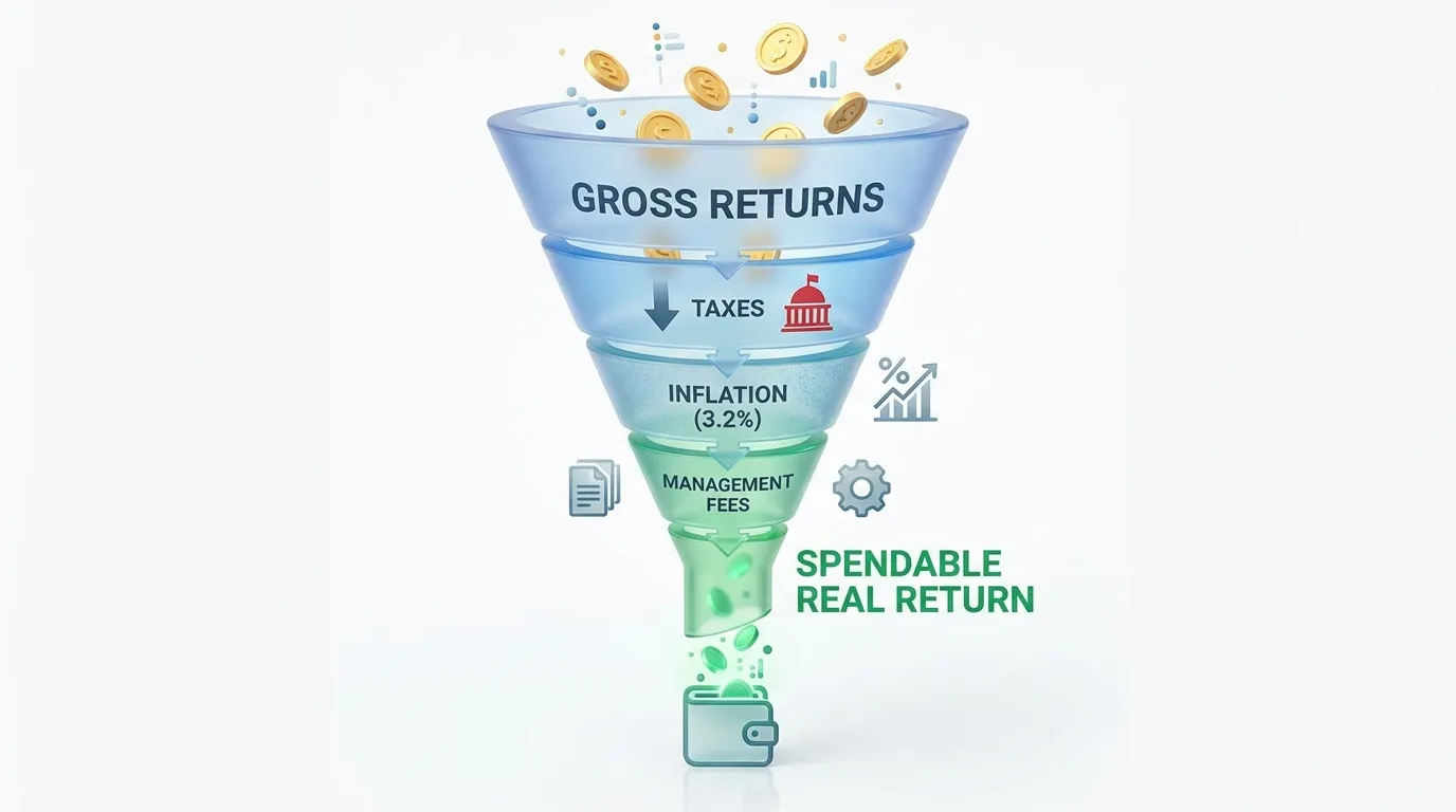 A 3D funnel showing gross returns at the top being filtered by taxes, inflation (3.2%), and management fees, resulting in the final "Spendable Real Return" at the bottom.