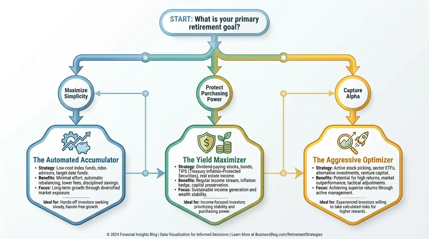 A decision-tree flow chart. Start: "What is your primary retirement goal?" Paths lead to: 1. Maximize Simplicity (The Automated Accumulator), 2. Protect Purchasing Power (The Yield Maximizer), 3. Capture Alpha (The Aggressive Optimizer).