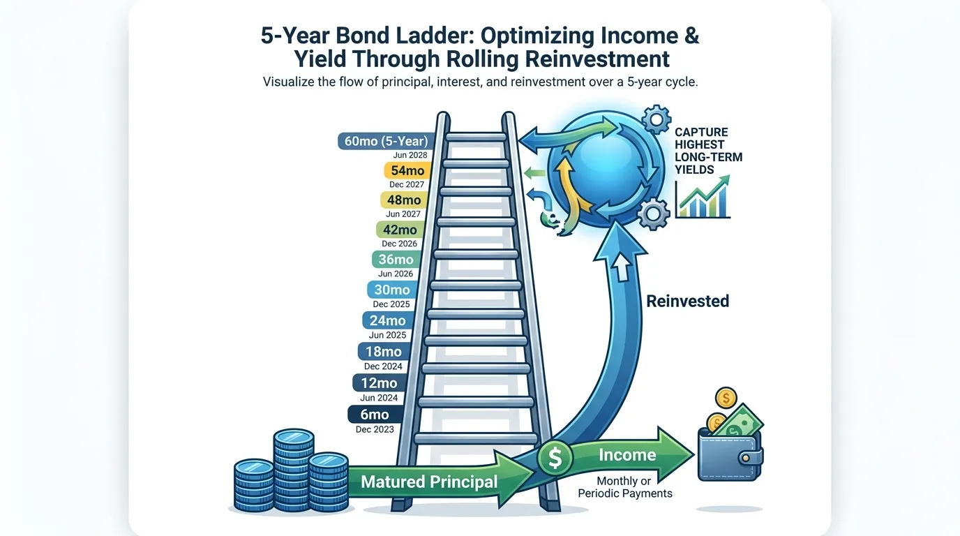 A vertical 5-year ladder with 10 rungs. Each rung is labeled with a 6-month interval (6mo, 12mo, 18mo...). Arrows show "Matured Principal" flowing out as "Income" or being "Reinvested" at the top of the ladder to capture the highest long-term yields.
