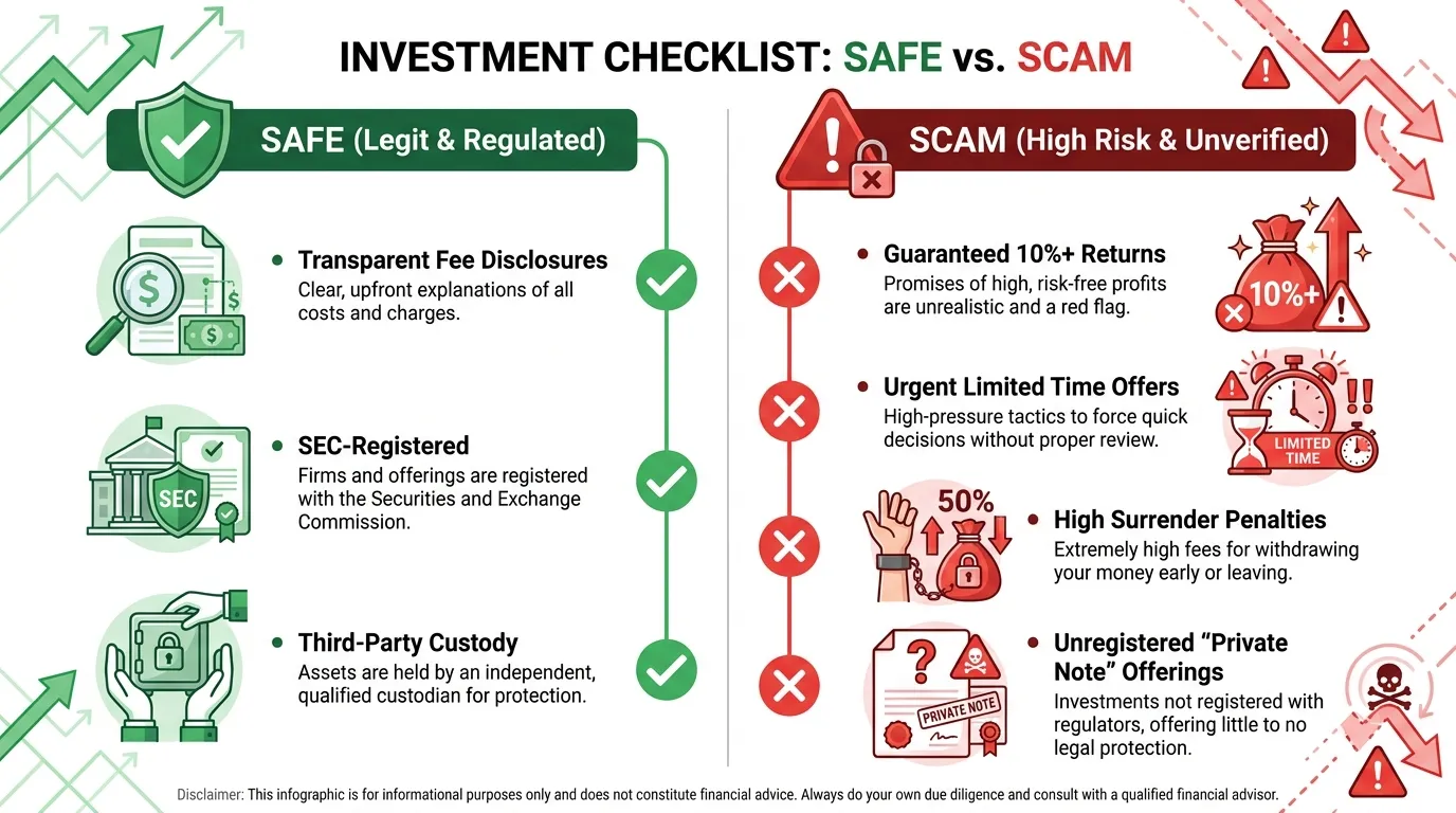 A clean, two-column "Safe vs. Scam" checklist. Left side (Green): Transparent fee disclosures, SEC-registered, third-party custody. Right side (Red): "Guaranteed" 10%+ returns, urgent "limited time" offers, high surrender penalties, and unregistered "Private Note" offerings.