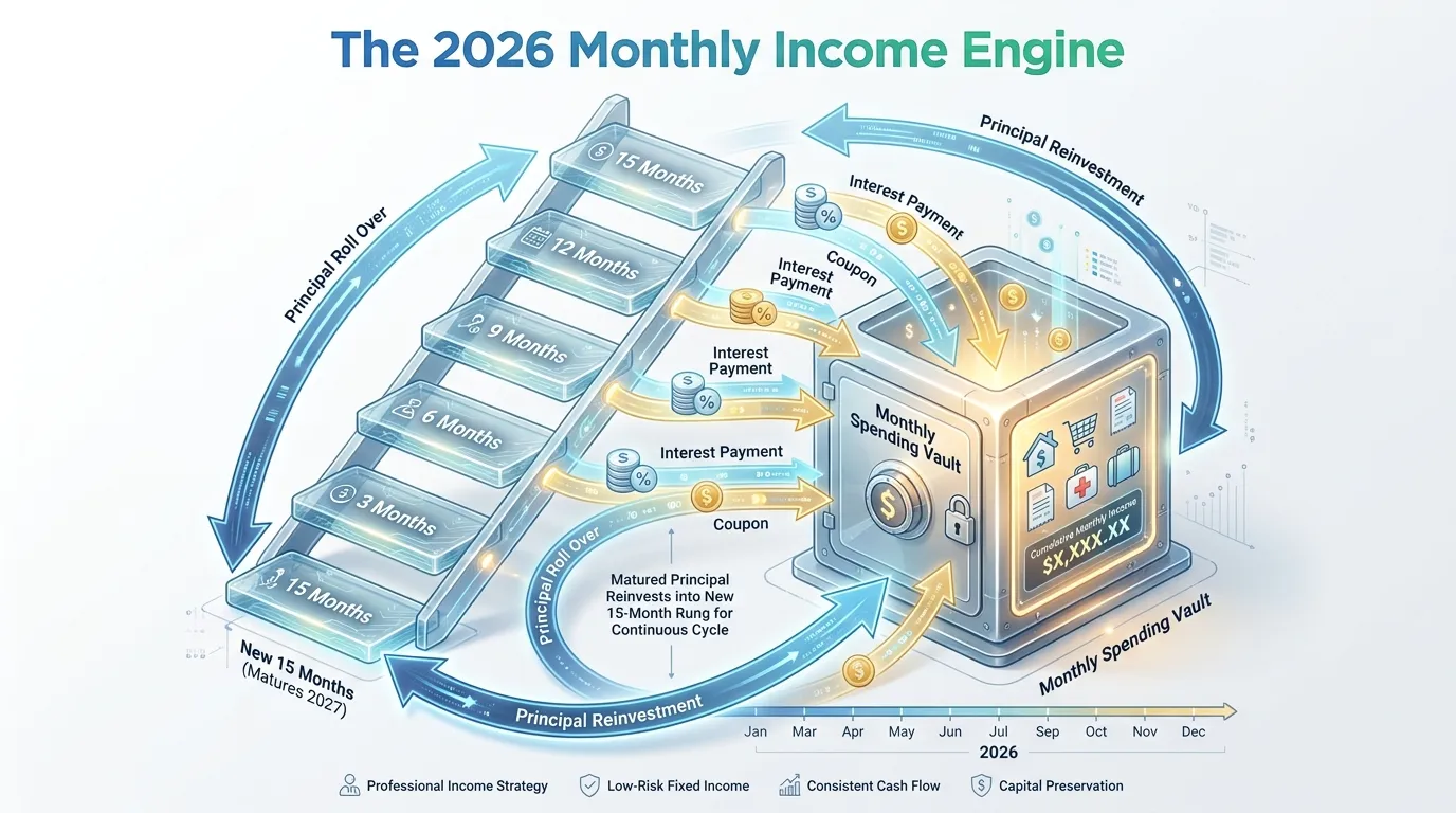 A 3D isometric ladder titled "The 2026 Monthly Income Engine." Five glass-textured rungs represent maturity dates (3, 6, 9, 12, and 15 months). Arrows illustrate principal "rolling over" into new 15-month rungs, while interest coupons flow into a central "Monthly Spending" vault.