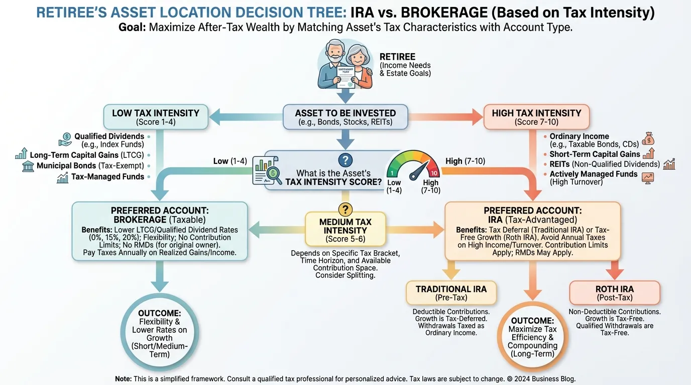 A decision tree showing a retiree choosing between an IRA and Brokerage account based on the asset's "Tax Intensity" score.