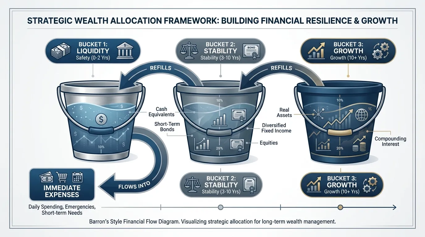 A horizontal flow diagram showing three distinct containers (Buckets). Bucket 1 (Liquidity) flows into immediate expenses; Bucket 2 (Stability) refills Bucket 1; Bucket 3 (Growth) refills Bucket 2. Use a professional "Barron's" style aesthetic with deep blues and slate grays. Labels: "Safety (0-2 Yrs)", "Stability (3-10 Yrs)", "Growth (10+ Yrs)".