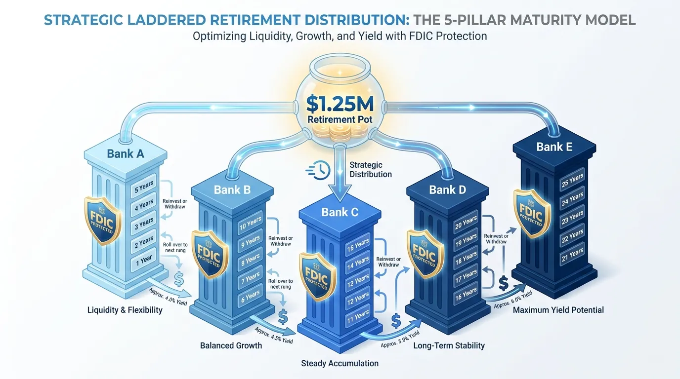 A 3D isometric flowchart showing a single $1.25M retirement pot being distributed into five distinct pillars labeled "Bank A" through "Bank E." Each pillar represents a 1-to-5-year maturity "rung," color-coded from light blue (liquidity) to dark navy (max yield), with the FDIC seal protecting each individual pillar.