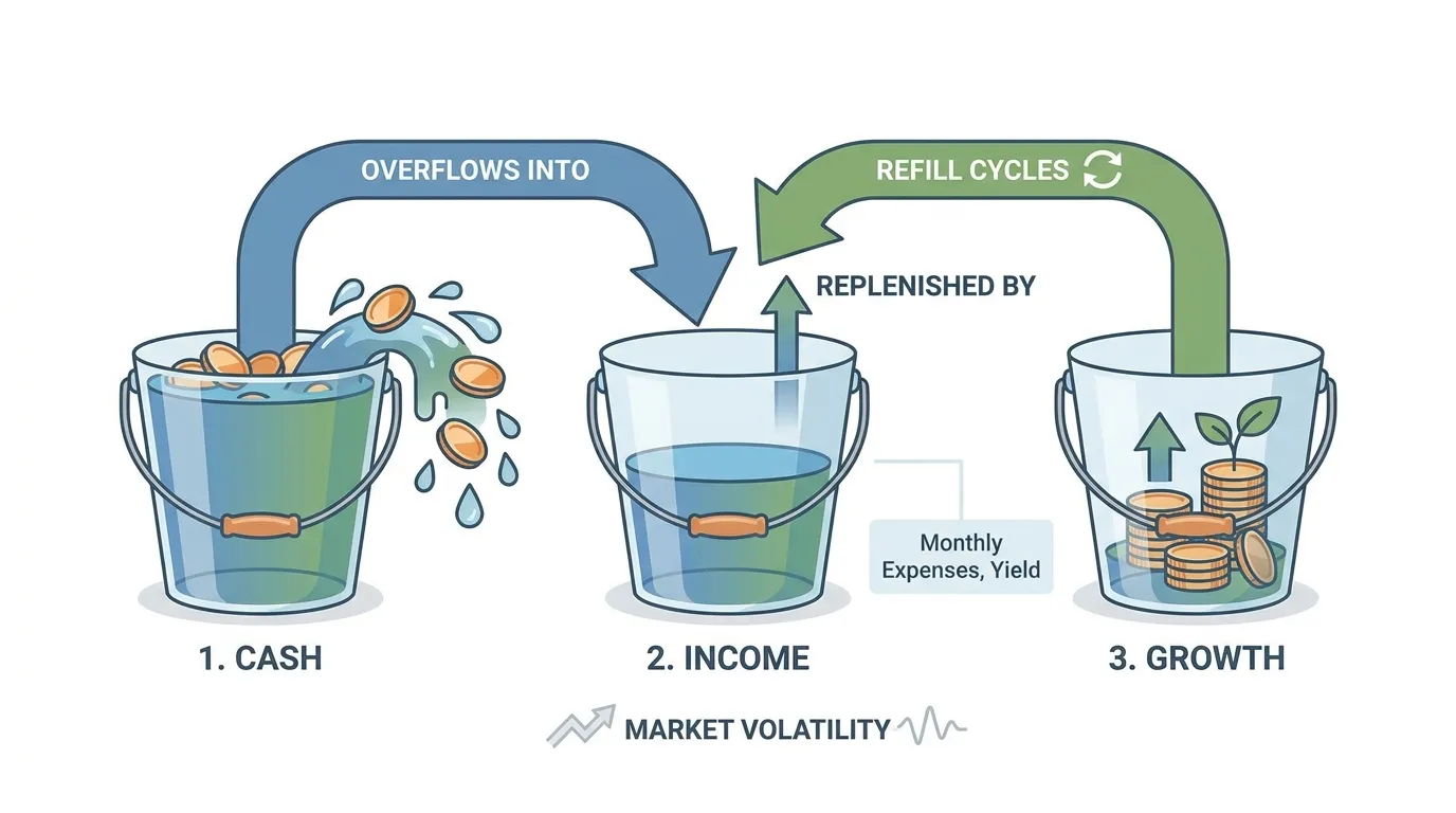 A horizontal flow chart showing three glass buckets. Bucket 1 (Cash) overflows into Bucket 2 (Income), which is replenished by Bucket 3 (Growth). Arrows indicate "Refill Cycles" to maintain balance during market volatility.