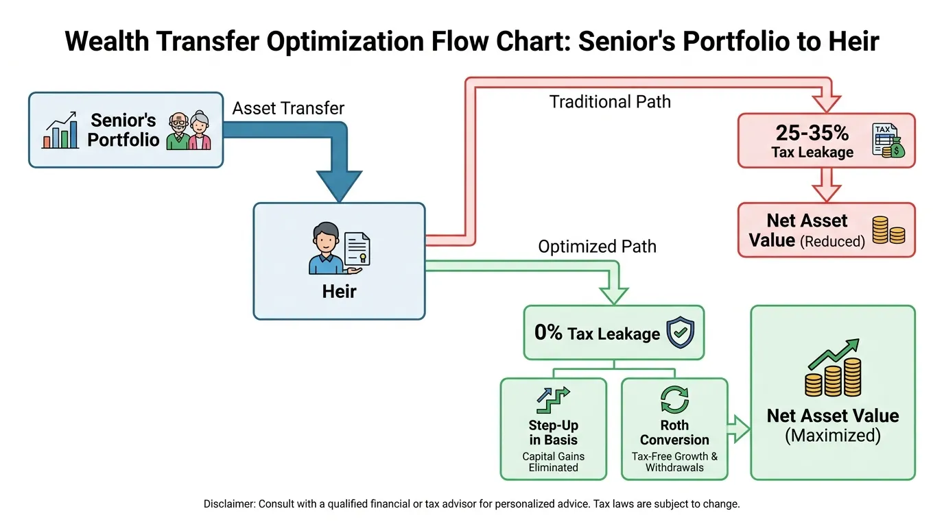 A flow chart showing an asset moving from a Senior's Portfolio to an Heir, splitting into two paths: one labeled "Traditional Path" showing 25-35% tax leakage, and the "Optimized Path" showing 0% leakage via Step-Up in Basis and Roth Conversion.