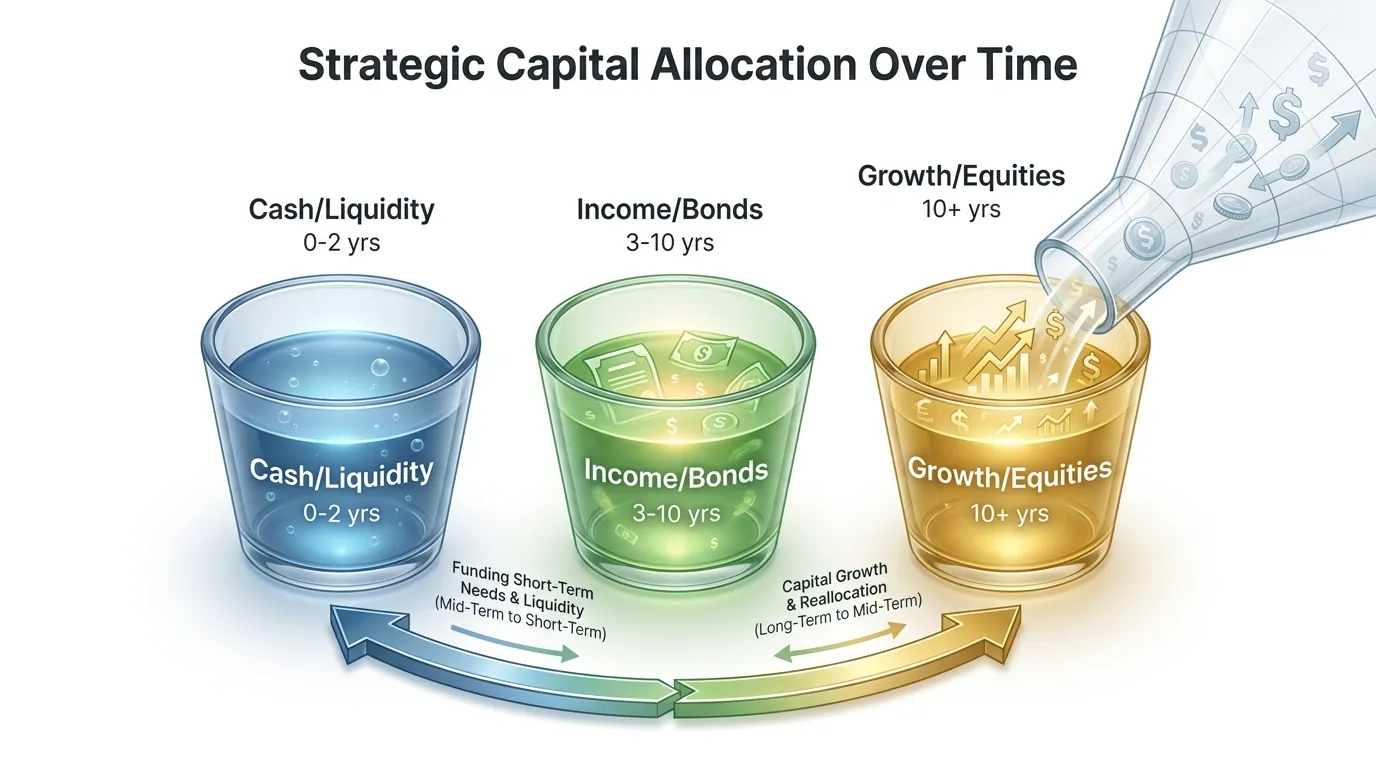 A 3D funnel diagram showing three glass buckets. Bucket 1 (Blue) is labeled 'Cash/Liquidity' for 0-2 yrs; Bucket 2 (Green) is 'Income/Bonds' for 3-10 yrs; Bucket 3 (Gold) is 'Growth/Equities' for 10+ yrs. Arrows show capital flowing from Bucket 3 to 1 over time.