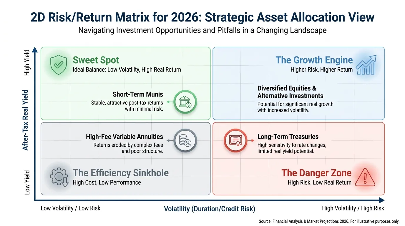 A 2D Risk/Return Matrix for 2026. The X-axis represents 'Volatility (Duration/Credit Risk)' and the Y-axis represents 'After-Tax Real Yield'. Plot 'Short-Term Munis' in the top-left (Sweet Spot), 'Long-Term Treasuries' in the bottom-right (The Danger Zone), and 'High-Fee Variable Annuities' in the bottom-left (The Efficiency Sinkhole).