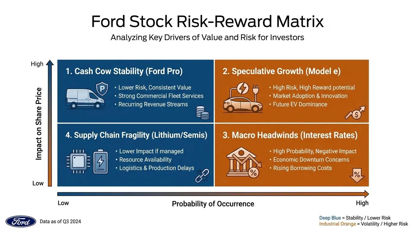 A 2x2 Risk-Reward Matrix for Ford Stock. X-axis: "Probability of Occurrence" (Low to High). Y-axis: "Impact on Share Price" (Low to High). Quadrants: 1. Cash Cow Stability (Ford Pro), 2. Speculative Growth (Model e), 3. Macro Headwinds (Interest Rates), 4. Supply Chain Fragility (Lithium/Semis). Colors: Deep Blue and Industrial Orange.
