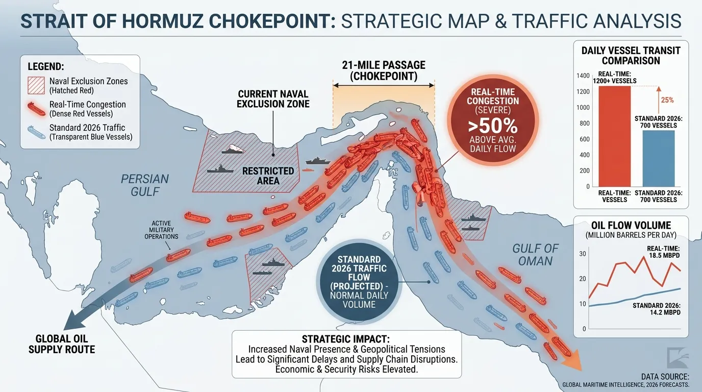 A strategic map of the Strait of Hormuz chokepoint highlighting the 21-mile wide passage, current naval exclusion zones, and a real-time overlay of oil tanker congestion compared to standard 2026 traffic flows.