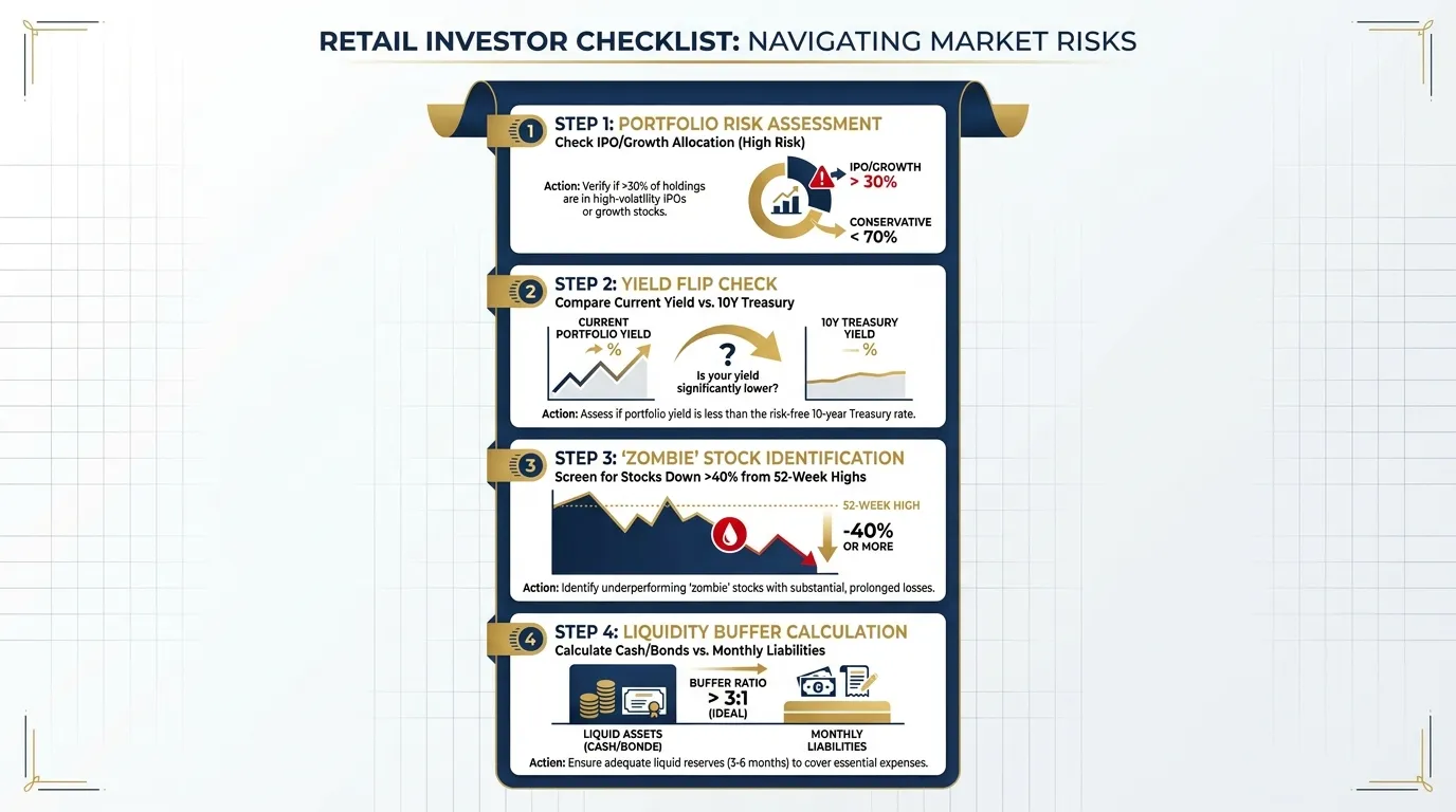 A sleek, 4-step vertical checklist for retail investors. Step 1: Check if >30% of portfolio is in IPOs/Growth (High Risk). Step 2: Compare current yield vs 10Y Treasury (Yield Flip Check). Step 3: Identify 'Zombie' stocks down >40% from 52-week highs. Step 4: Calculate 'Liquidity Buffer' (Cash/Bonds) vs monthly liabilities. Use a professional navy and gold 'Barron's-style' aesthetic.