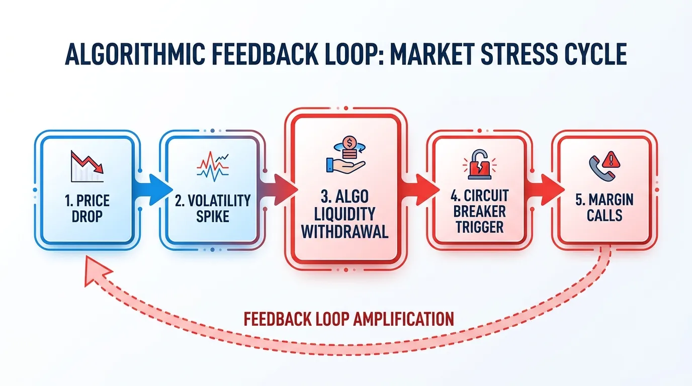 A digital flow chart showing an algorithmic feedback loop: Price Drop -> Volatility Spike -> Algo Liquidity Withdrawal -> Circuit Breaker Trigger -> Margin Calls. Blue and emergency red color palette.