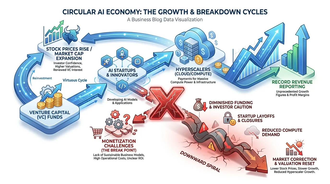 3D flow chart showing the "Circular AI Economy": Venture Capital flows to Startups -> Startups pay Hyperscalers for Cloud/Compute -> Hyperscalers report record revenue -> Stock prices rise. A red "X" breaks the flow at the "Monetization" stage, leading to a downward spiral.
