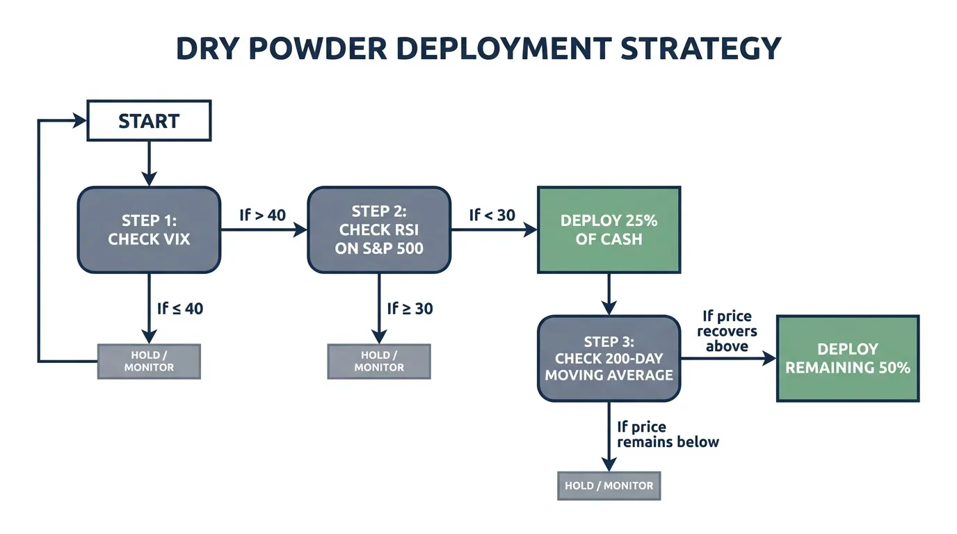 A decision tree flowchart titled "Dry Powder Deployment Strategy." Step 1: Check VIX (If > 40, go to Step 2). Step 2: Check RSI on S&P 500 (If < 30, deploy 25% of cash). Step 3: Check 200-day Moving Average (If price recovers above, deploy remaining 50%). Visual style: Minimalist, professional navy and slate grey tones, high-contrast text.