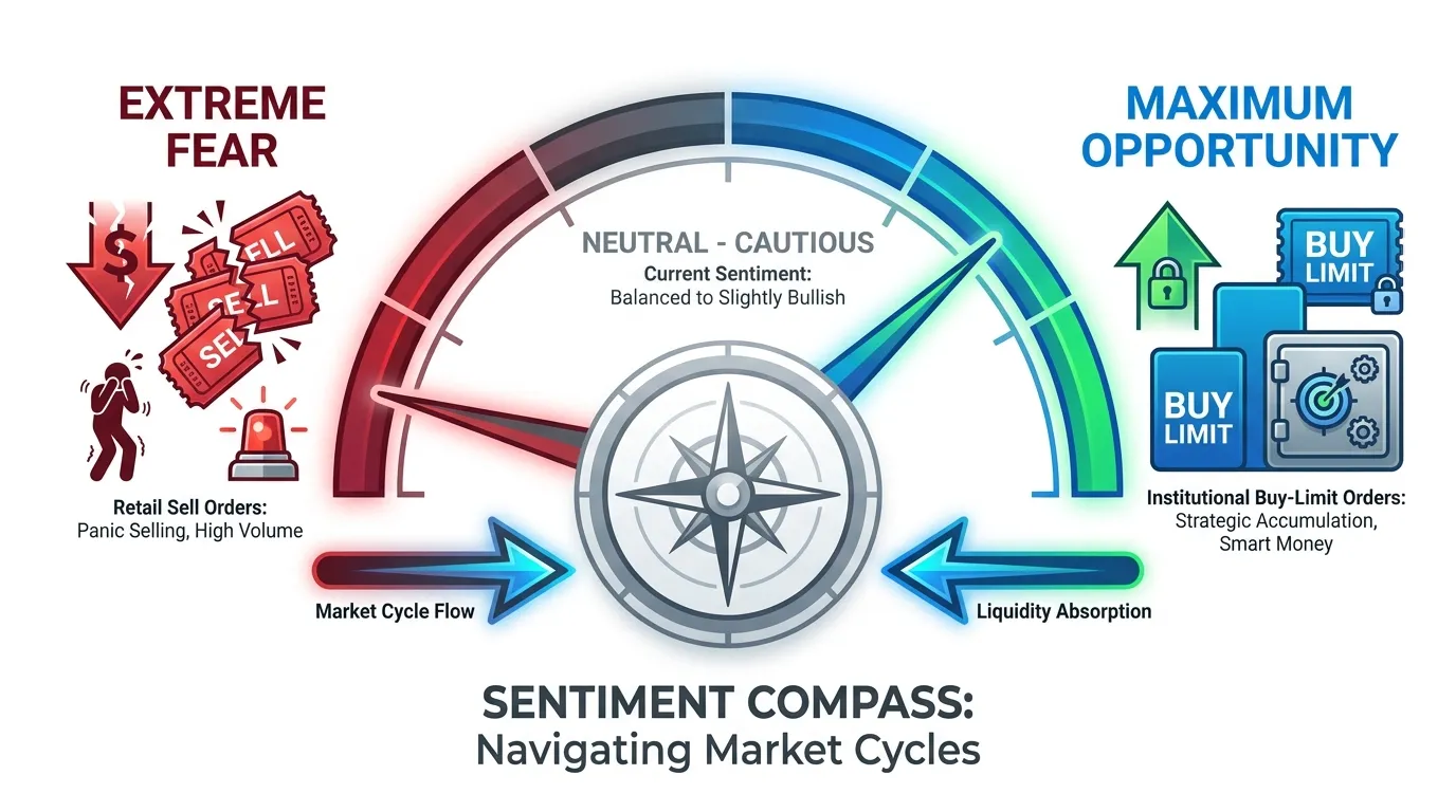 A high-contrast visualization of a "Sentiment Compass." On the left (Extreme Fear), icons of retail sell orders; on the right (Maximum Opportunity), icons of institutional buy-limit orders.