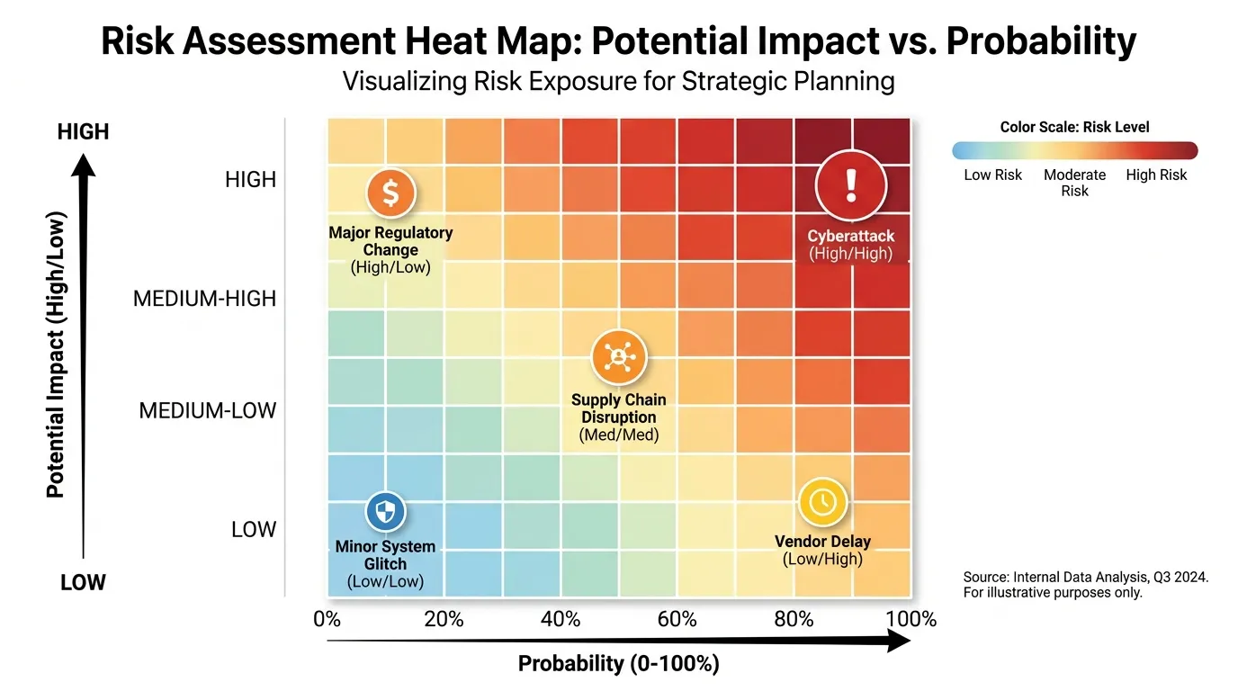 A 2D Heat Map grid. Y-axis: "Potential Impact (High/Low)". X-axis: "Probability (0-100%)".