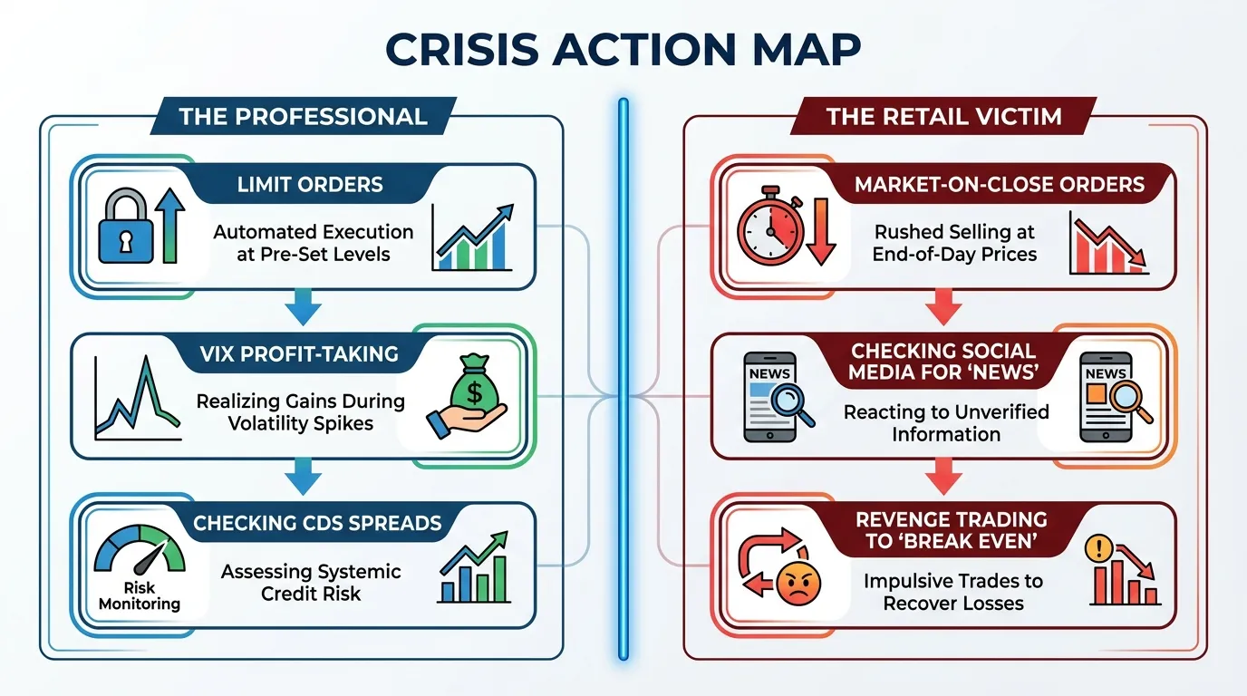A high-contrast "Crisis Action Map." Left column (The Professional) shows: Limit orders, VIX profit-taking, and checking the credit-default swap (CDS) spreads. Right column (The Retail Victim) shows: Market-on-Close orders, checking social media for "news," and revenge trading to "break even."
