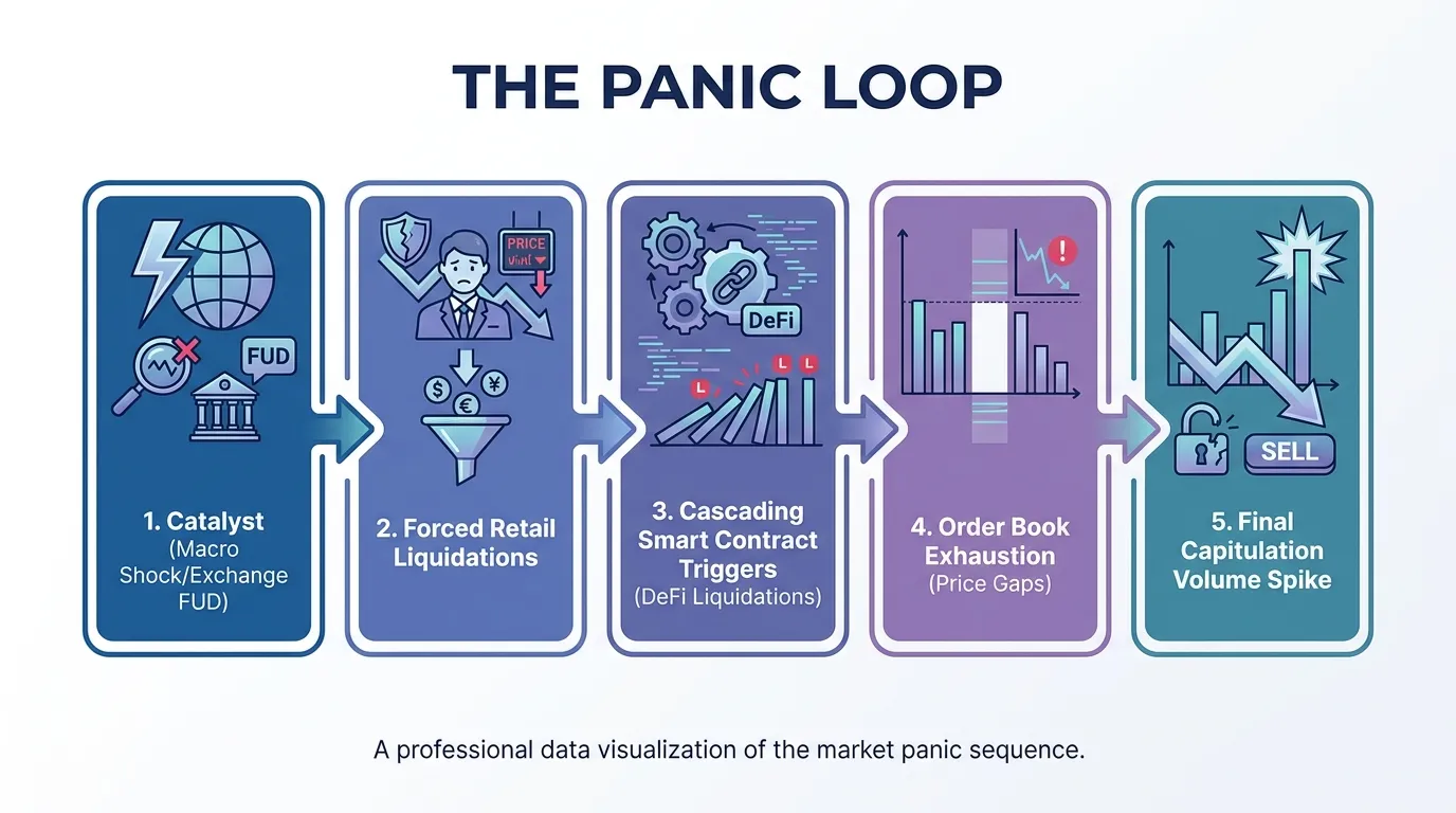 Flowchart of the 'Panic Loop': 1. Catalyst (Macro Shock/Exchange FUD) -> 2. Forced Retail Liquidations -> 3. Cascading Smart Contract Triggers (DeFi Liquidations) -> 4. Order Book Exhaustion (Price Gaps) -> 5. Final Capitulation Volume Spike.