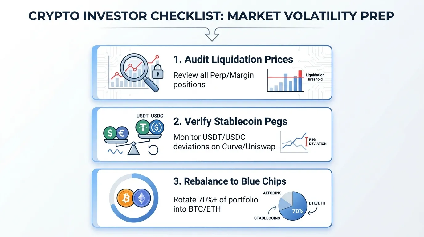 A clean, vertical checklist for crypto investors: 1. Audit Liquidation Prices (Review all Perp/Margin positions), 2. Verify Stablecoin Pegs (Monitor USDT/USDC deviations on Curve/Uniswap), 3. Rebalance to Blue Chips (Rotate 70%+ of portfolio into BTC/ETH).
