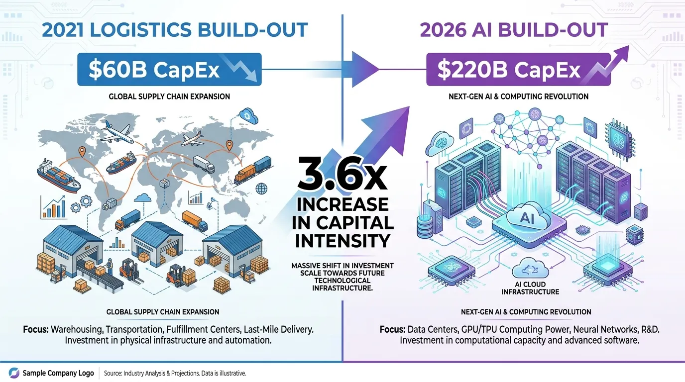 A split-screen comparison: Left side showing the 2021 Logistics Build-out ($60B CapEx) vs. Right side 2026 AI Build-out ($220B CapEx), highlighting the 3.6x increase in capital intensity.