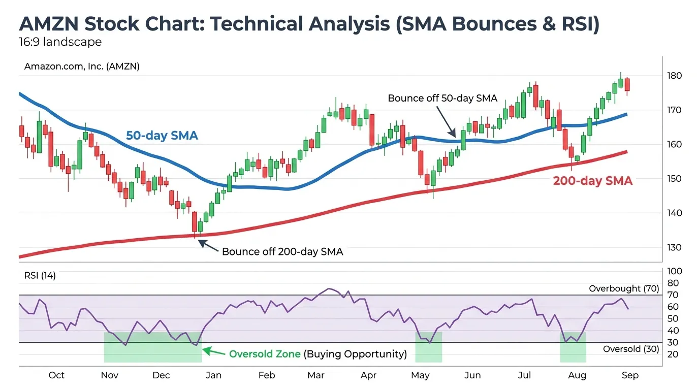 A stock chart of AMZN showing price candles bouncing off a blue 50-day SMA line and a red 200-day SMA line, with RSI green zones highlighted at the bottom.