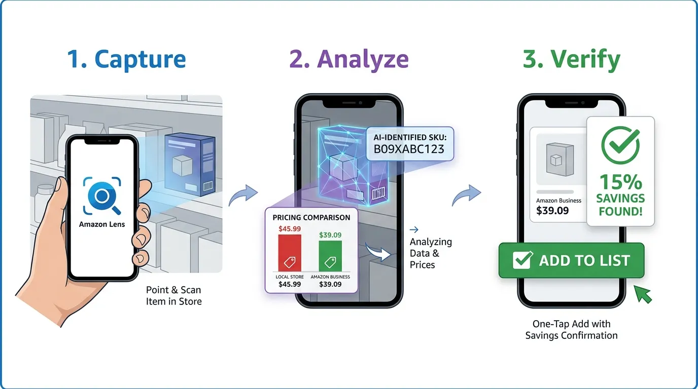A clean 3-step vertical flow: 1. Capture: User aiming a smartphone at a physical item in a retail aisle using the Amazon Lens icon. 2. Analyze: AI-overlay highlights showing the app identifying the SKU and comparing local vs. Amazon Business pricing. 3. Verify: One-tap "Add to List" with a green checkmark indicating 15% savings found.