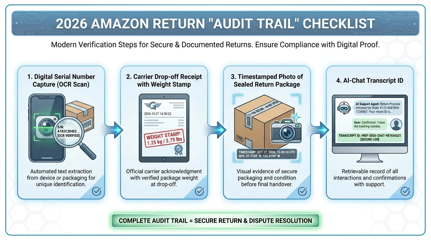 2026 Amazon Return "Audit Trail" Checklist: 1. Digital Serial Number Capture (OCR scan), 2. Carrier Drop-off Receipt with Weight Stamp, 3. Timestamped Photo of Sealed Return Package, 4. AI-Chat Transcript ID.