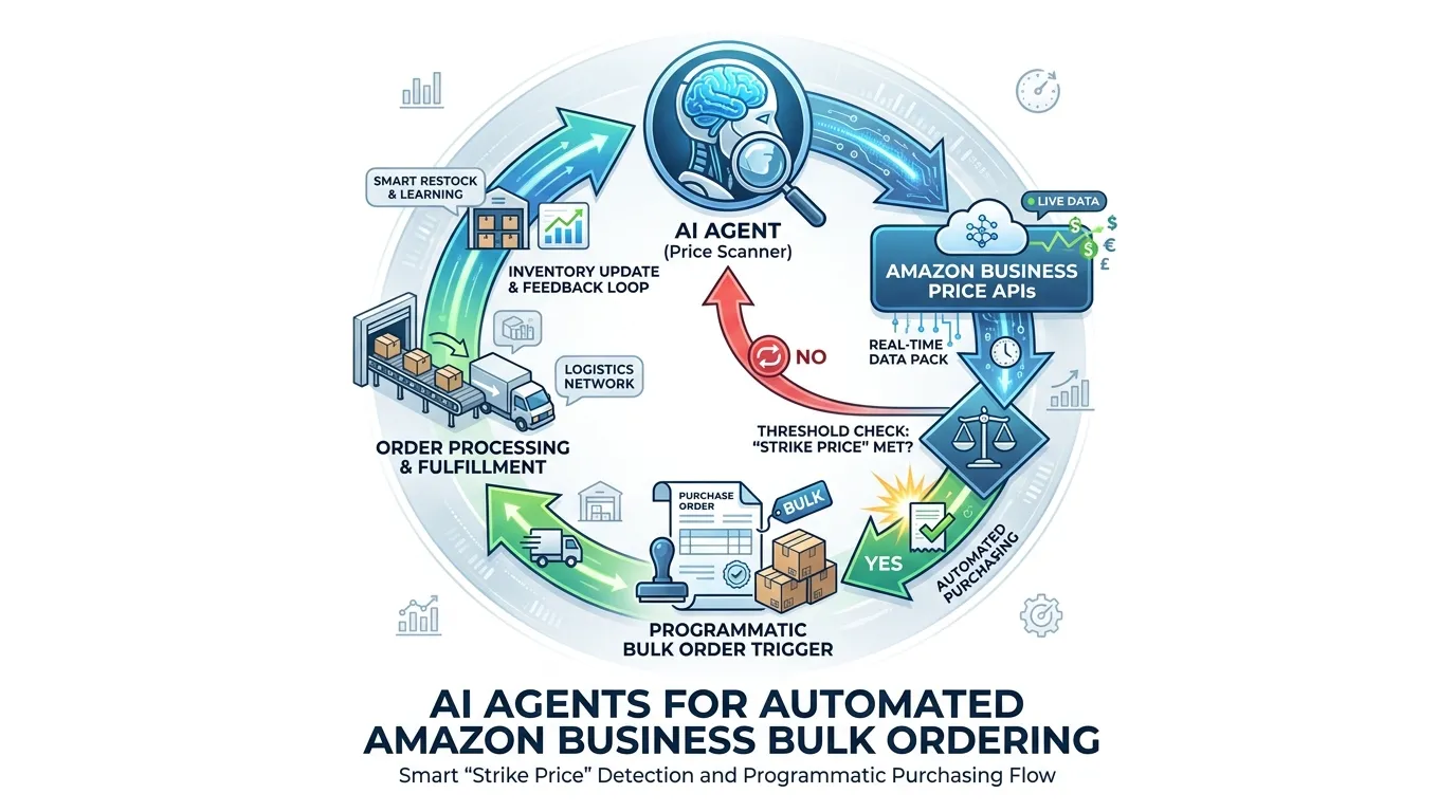 A circular flow diagram showing AI Agents scanning Amazon Business price APIs, triggering programmatic bulk orders when "Strike Price" thresholds are met.