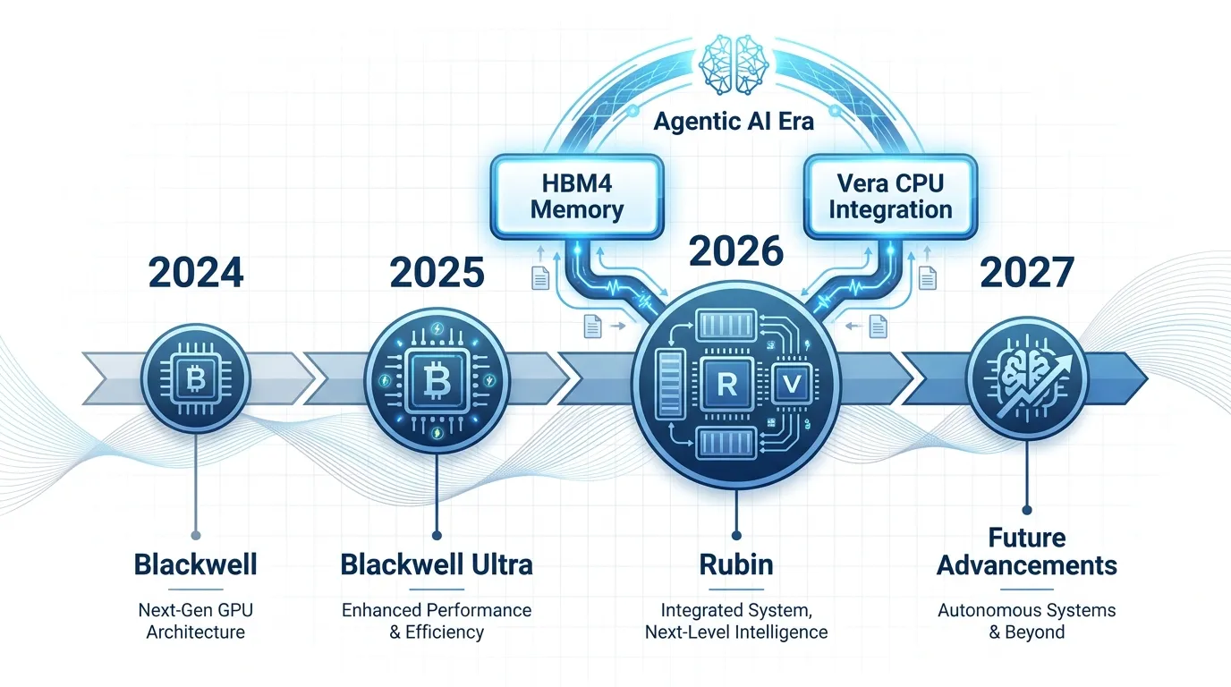 A horizontal timeline from 2024 to 2027. Icons for Blackwell (2024), Blackwell Ultra (2025), and Rubin (2026). Above Rubin, highlight "HBM4 Memory" and "Vera CPU Integration" with glowing blue connector lines symbolizing the "Agentic AI" era.