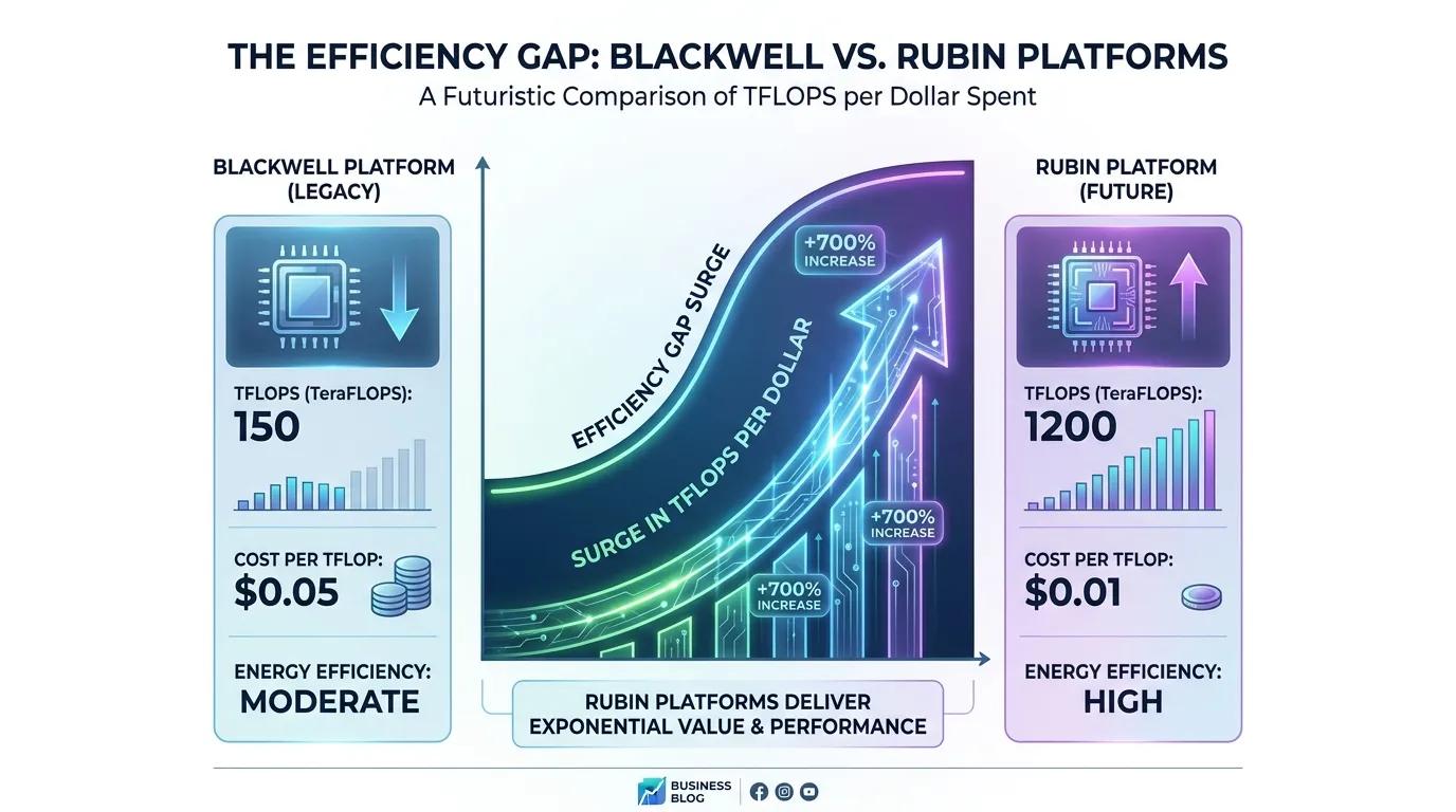 A futuristic comparison chart showing the "Efficiency Gap" between Blackwell and Rubin platforms, highlighting the surge in TFLOPS per dollar spent.
