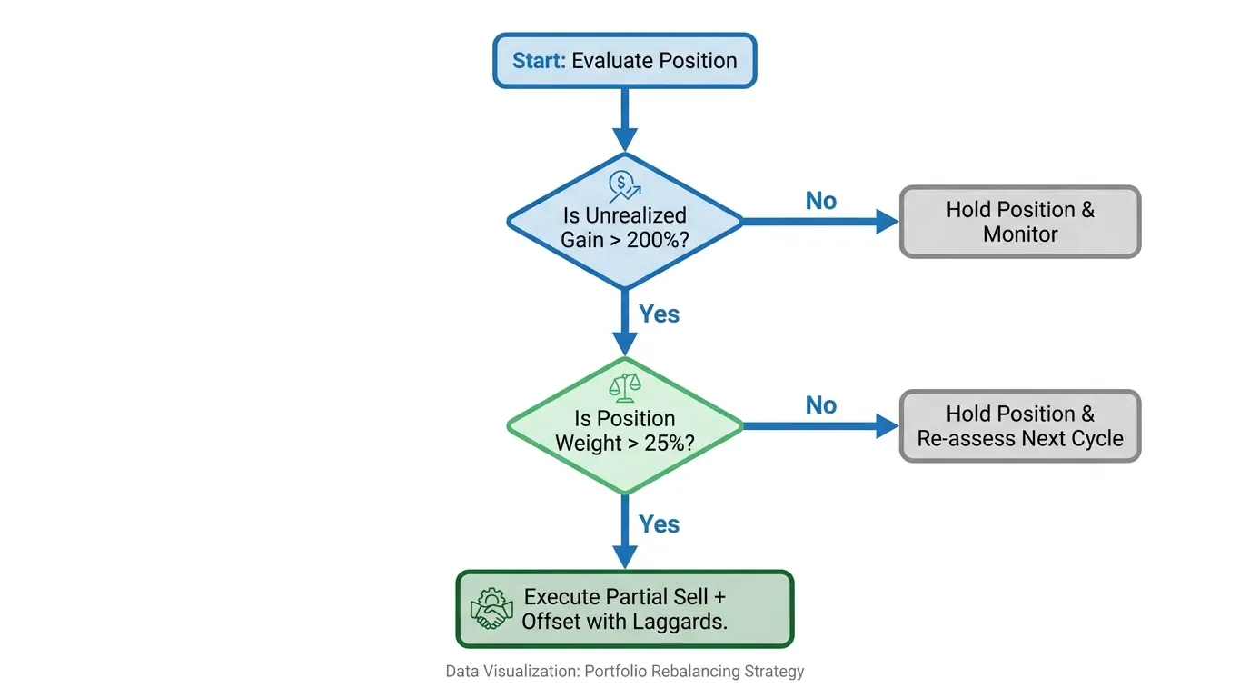 A decision flowchart showing a split path: "Is Unrealized Gain > 200%?" -> Yes -> "Is Position Weight > 25%?" -> Yes -> "Execute Partial Sell + Offset with Laggards."