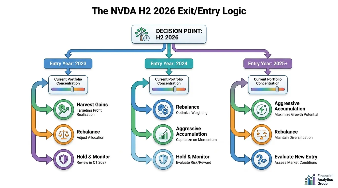 A clean, multi-branch decision tree titled "The NVDA H2 2026 Exit/Entry Logic." Branches split by Entry Year (2023, 2024, 2025+), then sub-divide by "Current Portfolio Concentration," ending in specific actions: "Harvest Gains," "Rebalance," or "Aggressive Accumulation."