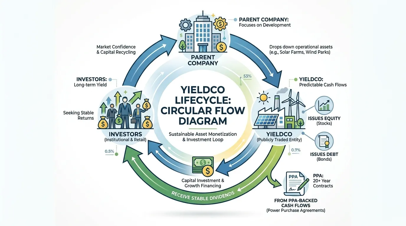 A circular flow diagram showing a "Yieldco Lifecycle": Parent Company drops down operational assets -> Yieldco issues equity/debt -> Investors receive stable dividends from PPA-backed cash flows.
