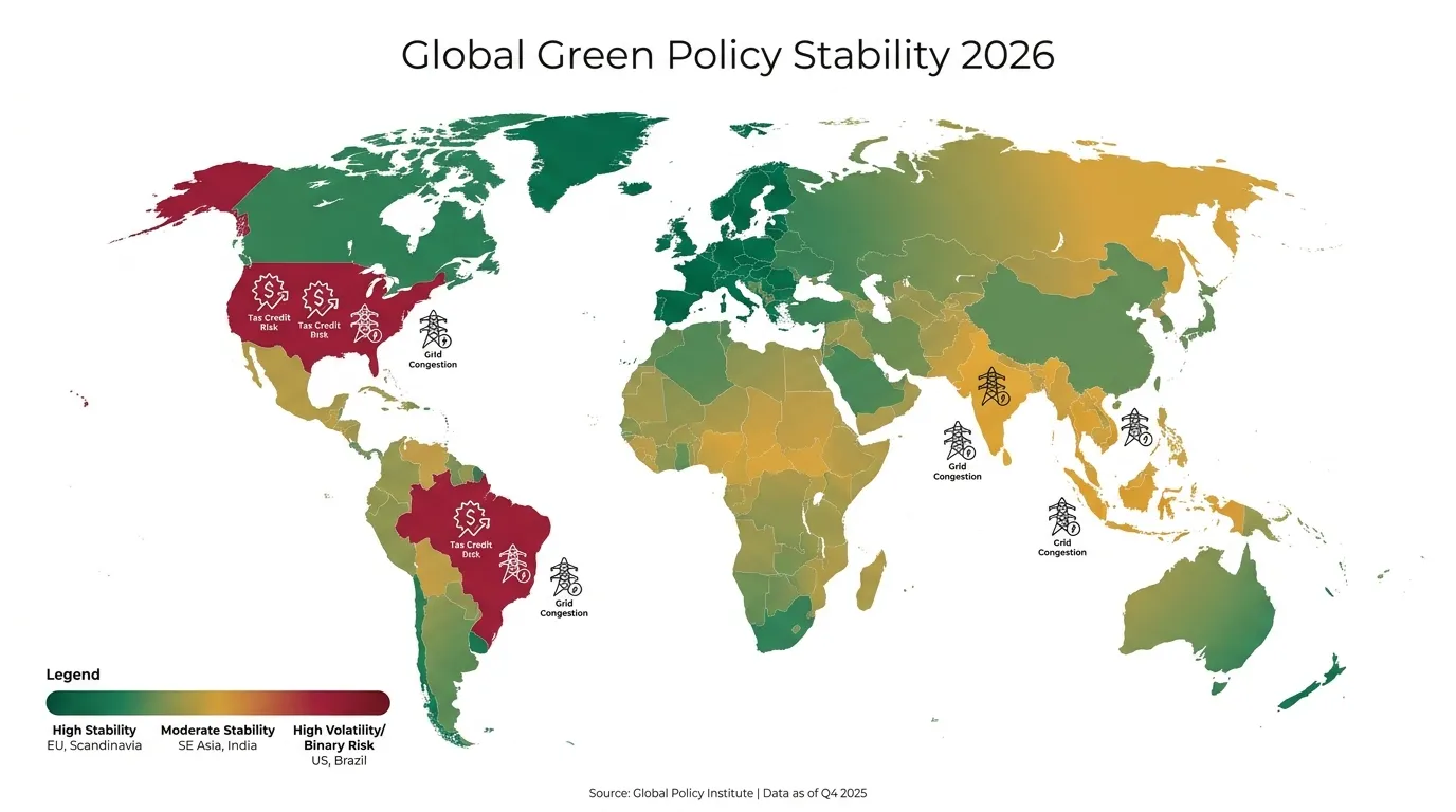 A world map heat map titled "Global Green Policy Stability 2026." Use a color gradient from deep emerald (High Stability: EU, Scandinavia) to amber (Moderate: SE Asia, India) to crimson (High Volatility/Binary Risk: US, Brazil). Overlay icons for "Tax Credit Risk" and "Grid Congestion."