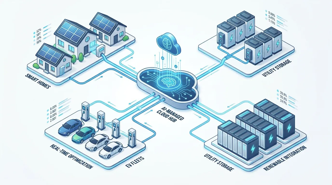 3D isometric view of a digital power grid, showing glowing blue lines connecting residential smart homes, electric vehicle fleets, and utility batteries into a centralized AI-managed cloud hub.