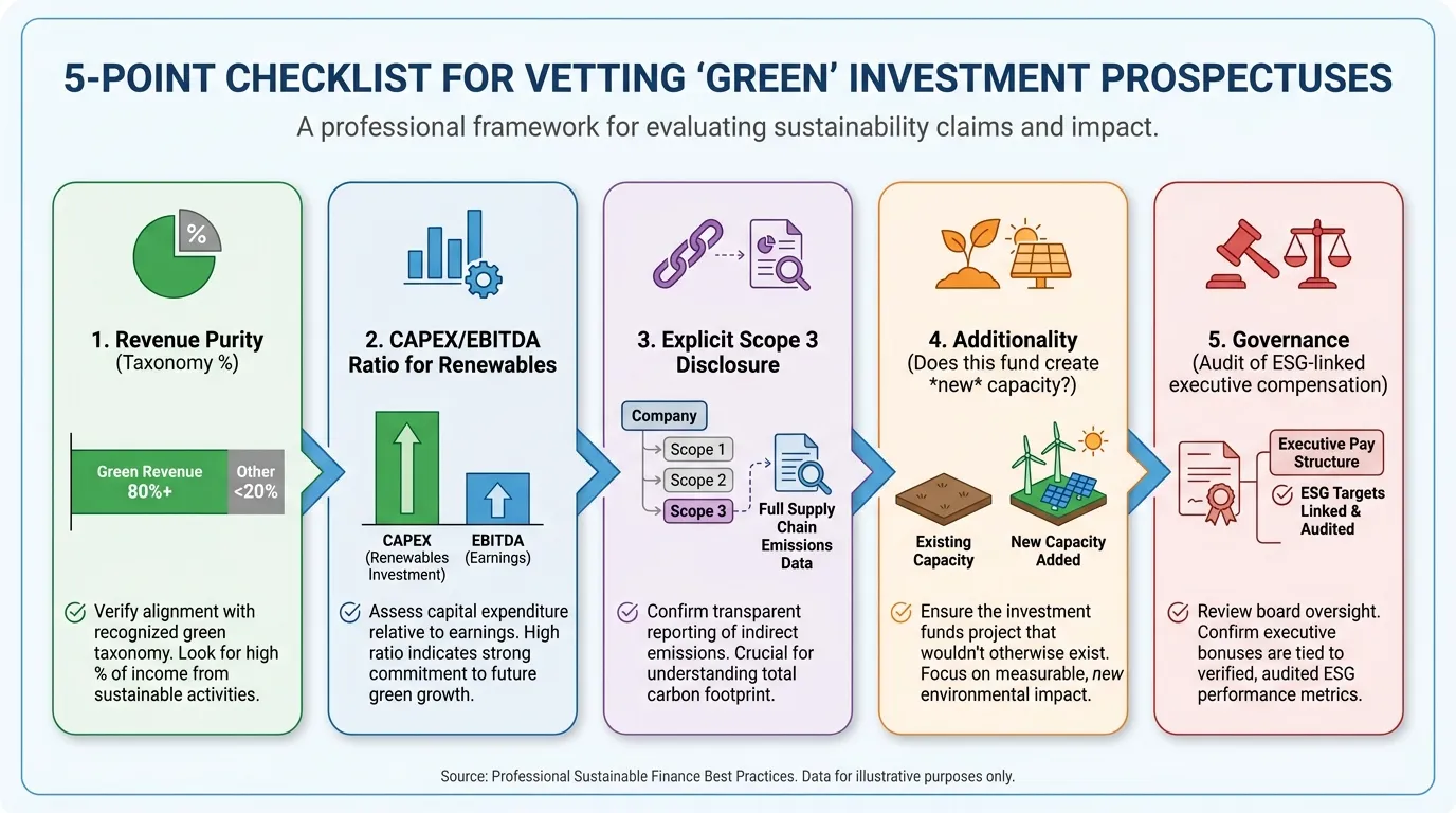 5-point checklist for vetting 'Green' investment prospectuses: 1. Revenue Purity (Taxonomy %); 2. CAPEX/EBITDA Ratio for Renewables; 3. Explicit Scope 3 Disclosure; 4. Additionality (Does this fund create new capacity?); 5. Governance (Audit of ESG-linked executive compensation).