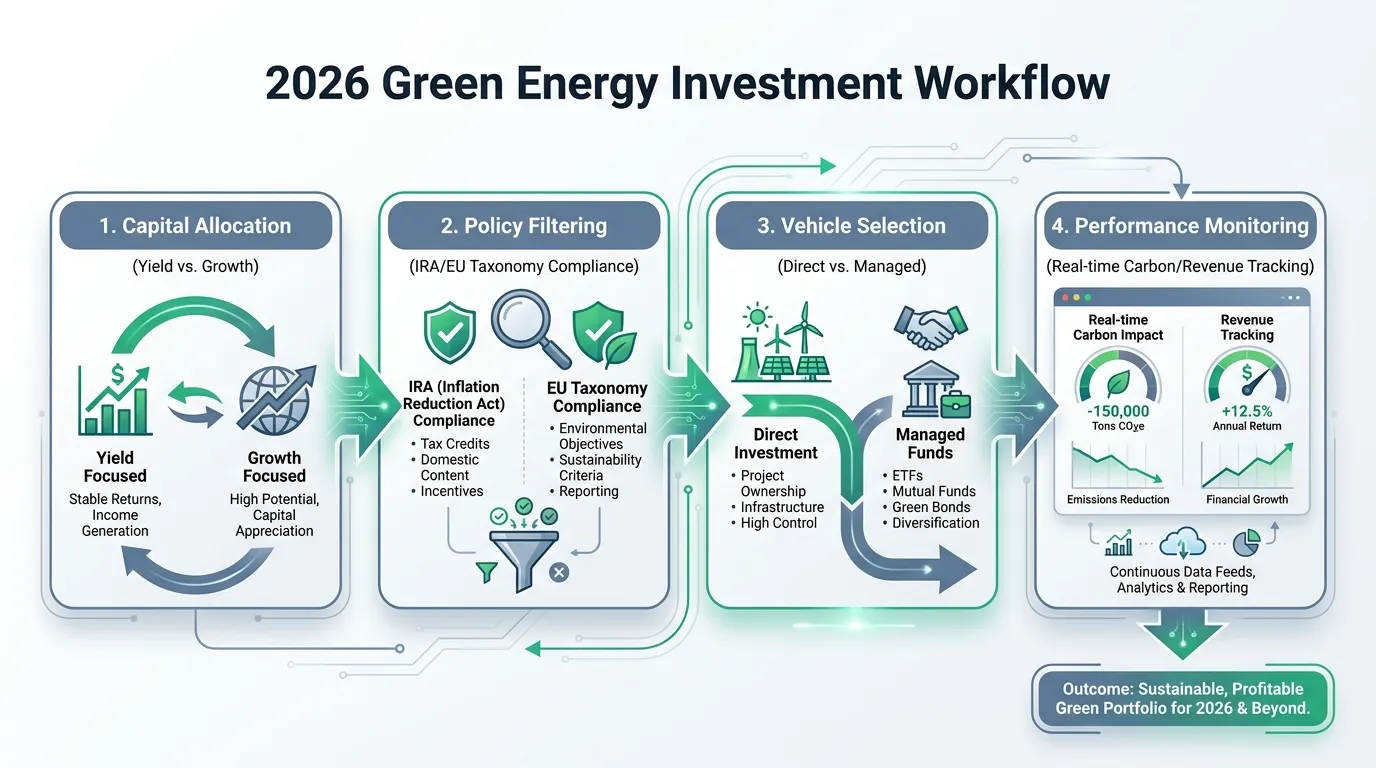 A professional financial flow chart titled '2026 Green Energy Investment Workflow'. Steps: 1. Capital Allocation (Yield vs. Growth) -> 2. Policy Filtering (IRA/EU Taxonomy Compliance) -> 3. Vehicle Selection (Direct vs. Managed) -> 4. Performance Monitoring (Real-time Carbon/Revenue Tracking). Use a clean, slate-blue and emerald-green color palette.