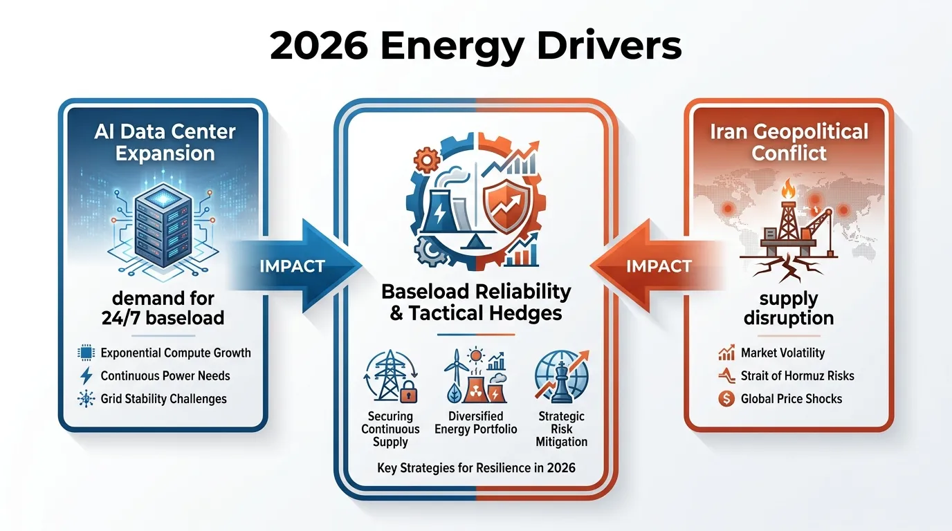 A sleek, professional flow chart titled "2026 Energy Drivers." Left side: "AI Data Center Expansion" (demand for 24/7 baseload). Right side: "Iran Geopolitical Conflict" (supply disruption). Both arrows converge on a center box: "Baseload Reliability & Tactical Hedges."