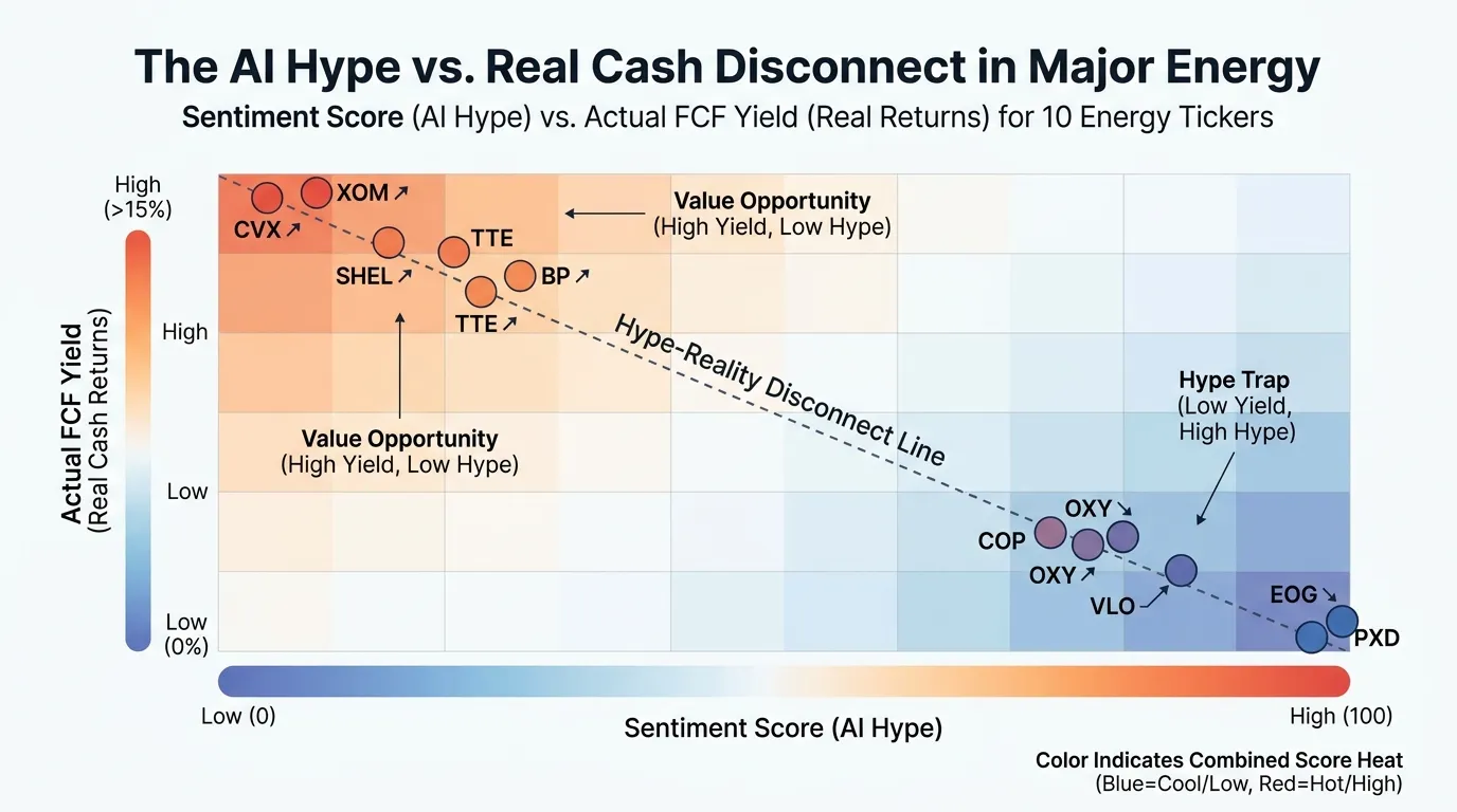 A heat map comparing the "Sentiment Score" vs "Actual FCF Yield" for 10 major energy tickers, showing the disconnect between AI hype and real cash returns.