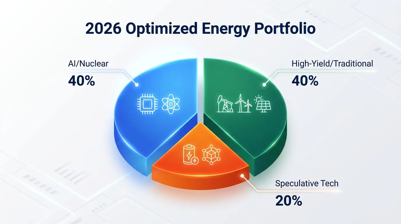 A modern, 3D pie chart titled "2026 Optimized Energy Portfolio." 40% represented by a glowing blue "AI/Nuclear" section, 40% by a deep emerald "High-Yield/Traditional" section, and 20% by a bright orange "Speculative Tech" section. Background is a clean, dark-themed financial dashboard.