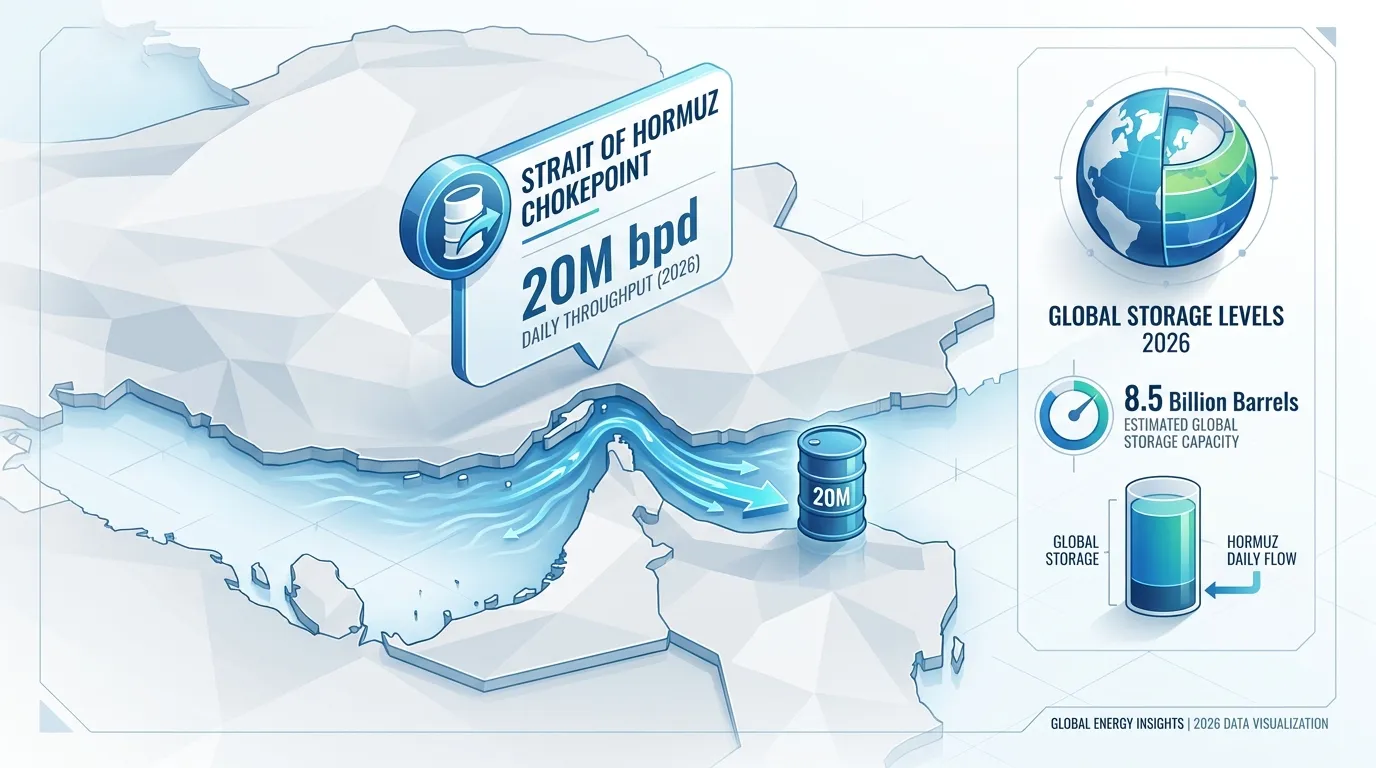 3D map showing the Strait of Hormuz chokepoint with overlaid data callouts for daily barrel throughput (20M bpd) vs. global storage levels in 2026.